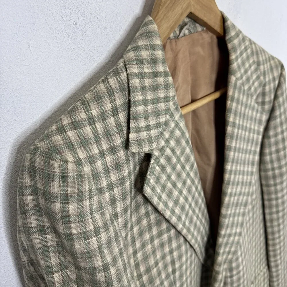 70s Wool Linen Blazer 40 Green Tan Plaid Sport Coat Canada Gooden’s VTG‎ Mod